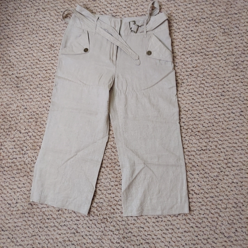 Willi Smith Womens Pants Linen Blend Crop Wide Leg Metallic Beige Khaki Size 10